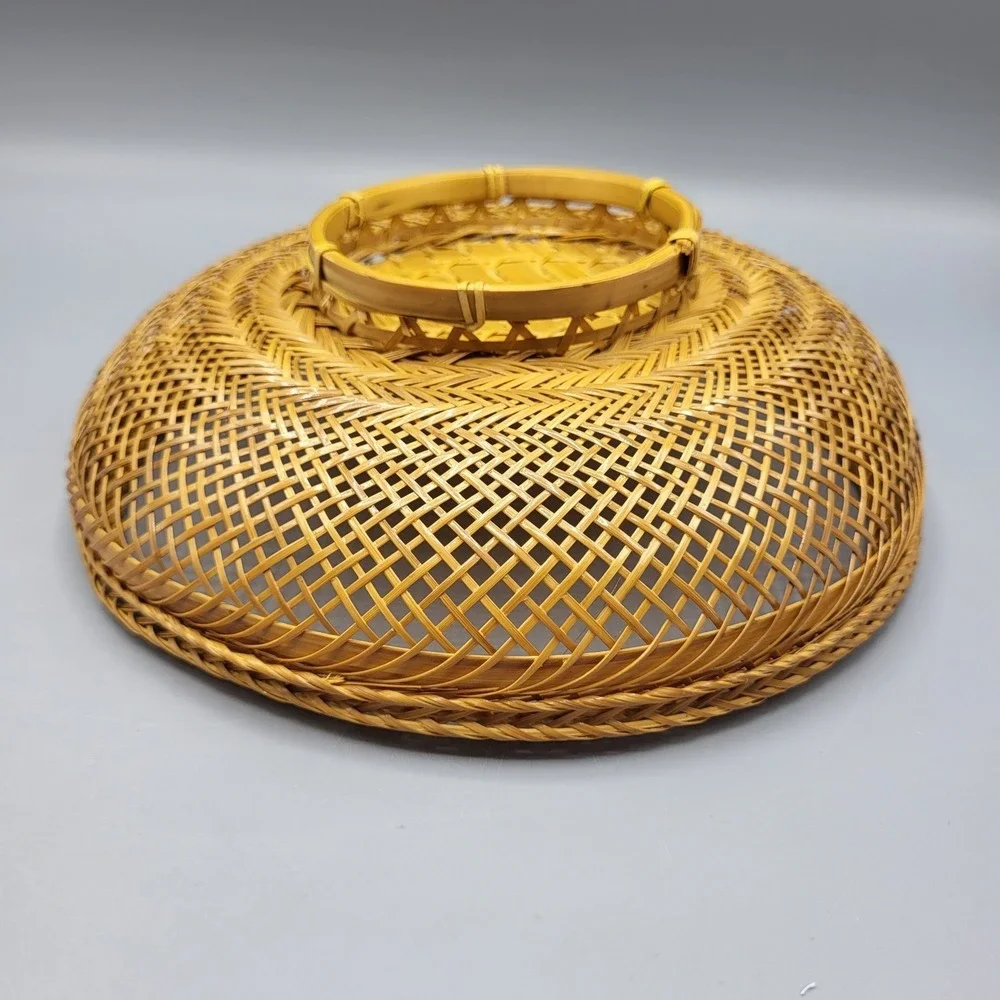Vintage Woven Bamboo Basket Lid Round Handcrafted Decorative Tan Brown READ